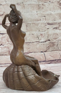Nude Female Figure Girl on Seashell Candy Dish Bronze Sculpture Figure Decor Card Holder