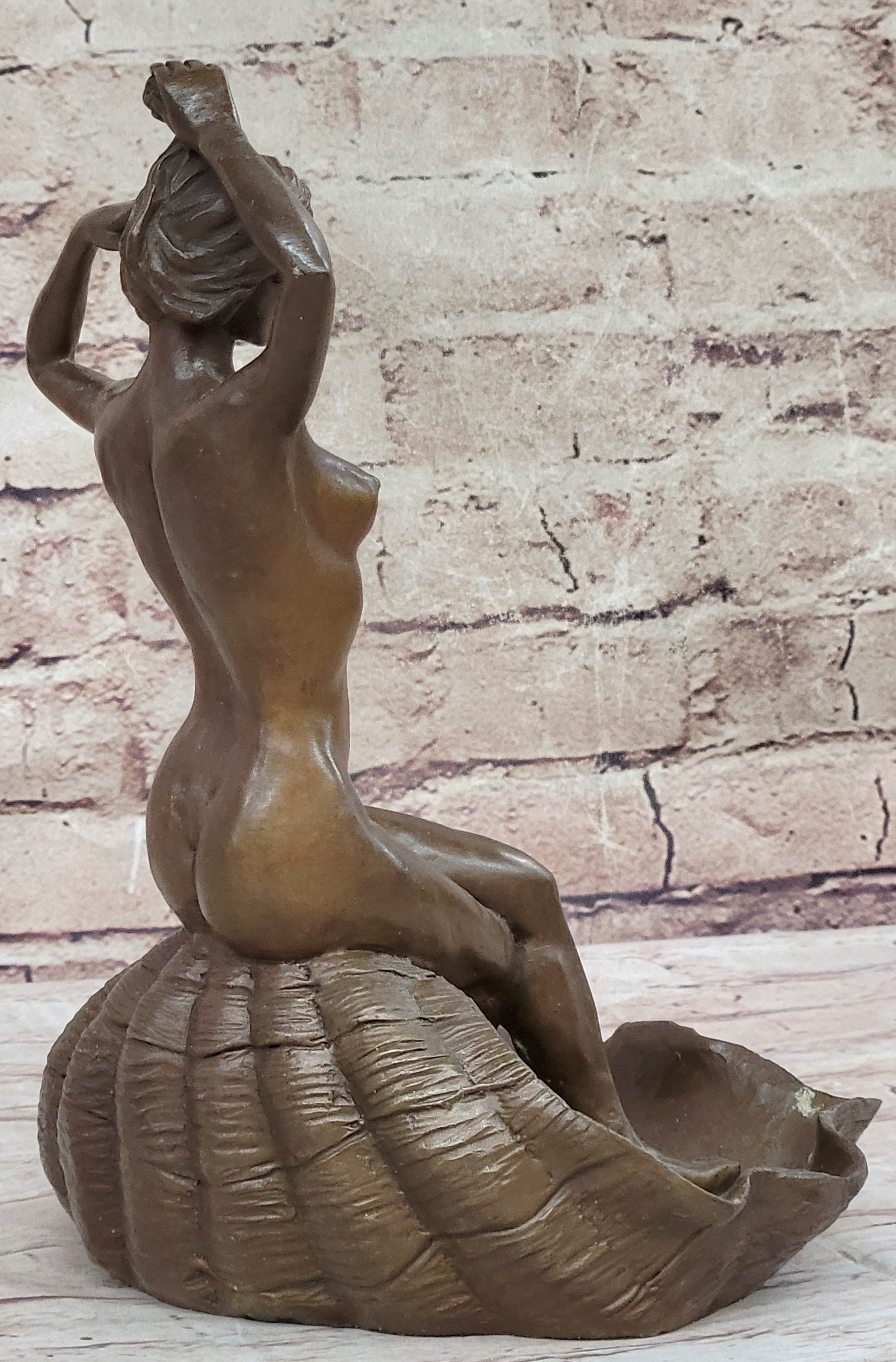 Nude Female Figure Girl on Seashell Candy Dish Bronze Sculpture Figure Decor Card Holder