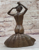Nude Female Figure Girl on Seashell Candy Dish Bronze Sculpture Figure Decor Card Holder