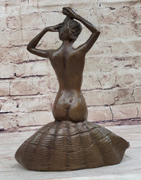 Nude Female Figure Girl on Seashell Candy Dish Bronze Sculpture Figure Decor Card Holder
