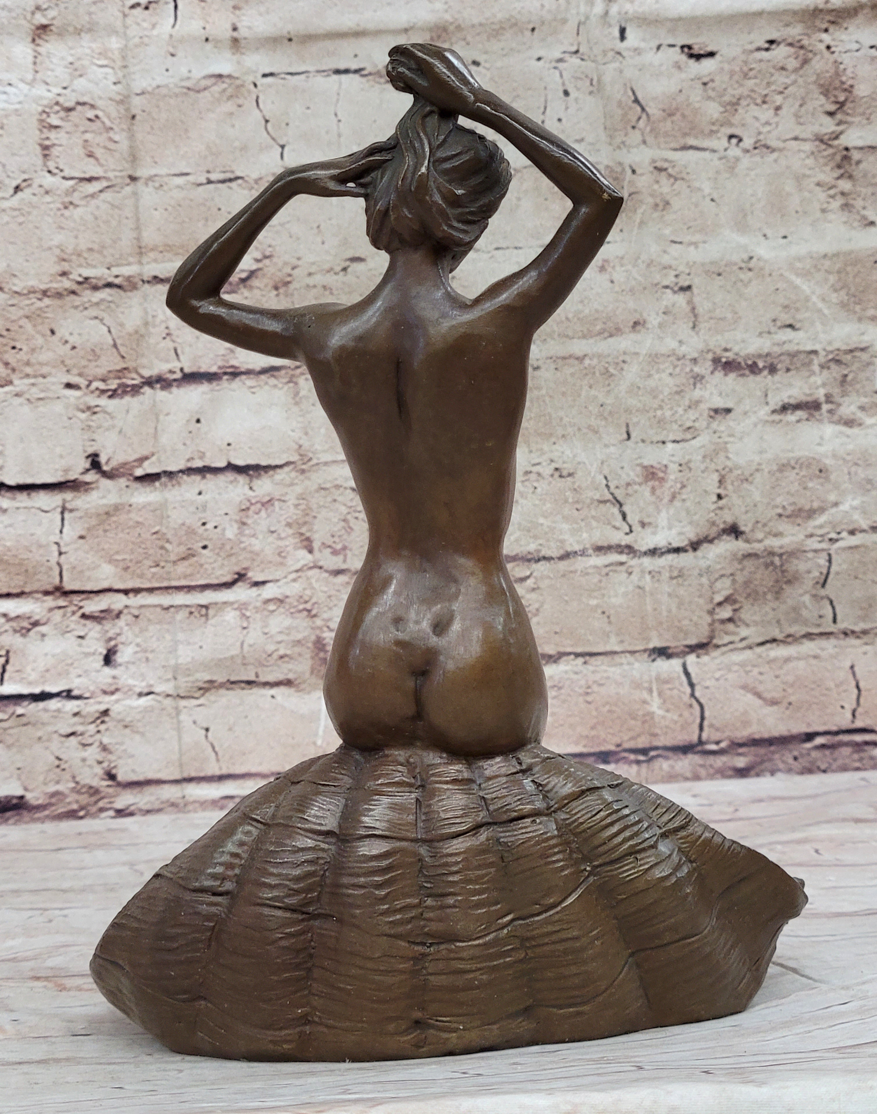 Nude Female Figure Girl on Seashell Candy Dish Bronze Sculpture Figure Decor Card Holder