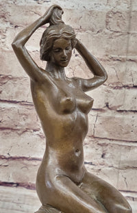 Nude Female Figure Girl on Seashell Candy Dish Bronze Sculpture Figure Decor Card Holder