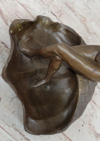 Nude Female Figure Girl on Seashell Candy Dish Bronze Sculpture Figure Decor Card Holder