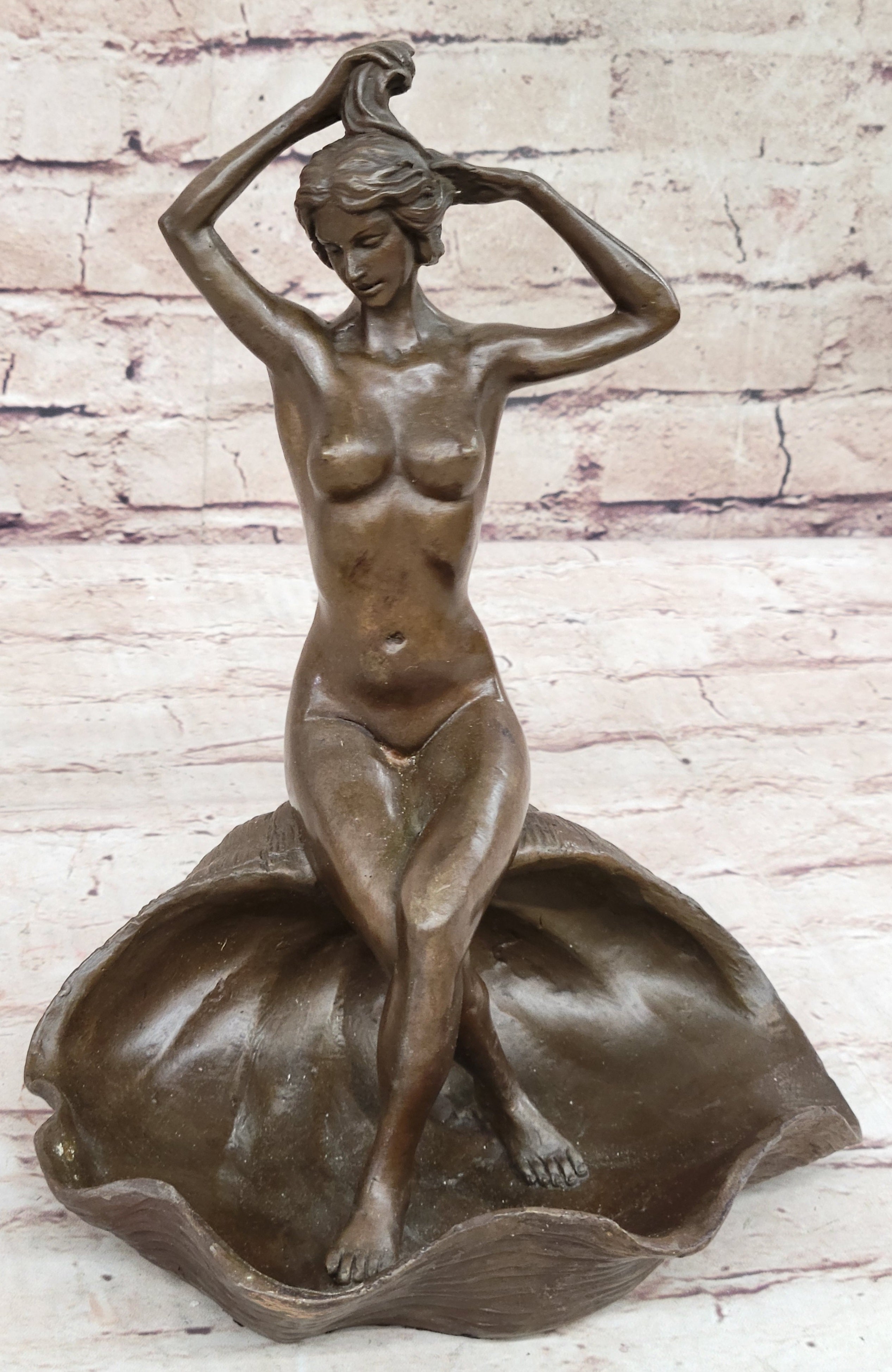 Nude Female Figure Girl on Seashell Candy Dish Bronze Sculpture Figure Decor Card Holder