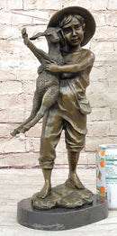 Bronze Metal Sculpture Young Farm Boy & His Sheep on Marble Base