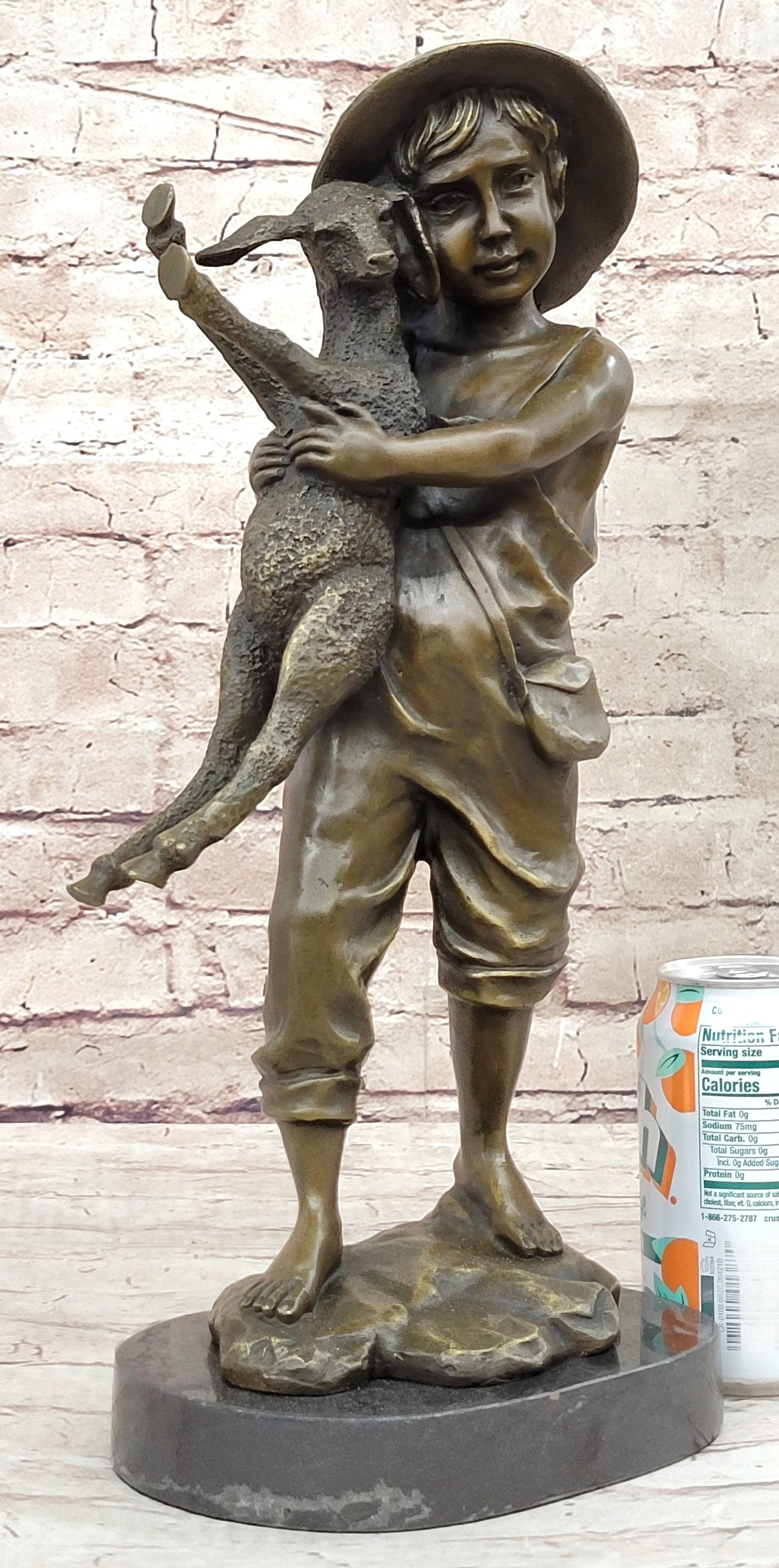 Bronze Metal Sculpture Young Farm Boy & His Sheep on Marble Base