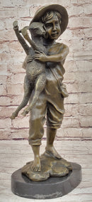 Bronze Metal Sculpture Young Farm Boy & His Sheep on Marble Base