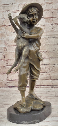Bronze Metal Sculpture Young Farm Boy & His Sheep on Marble Base