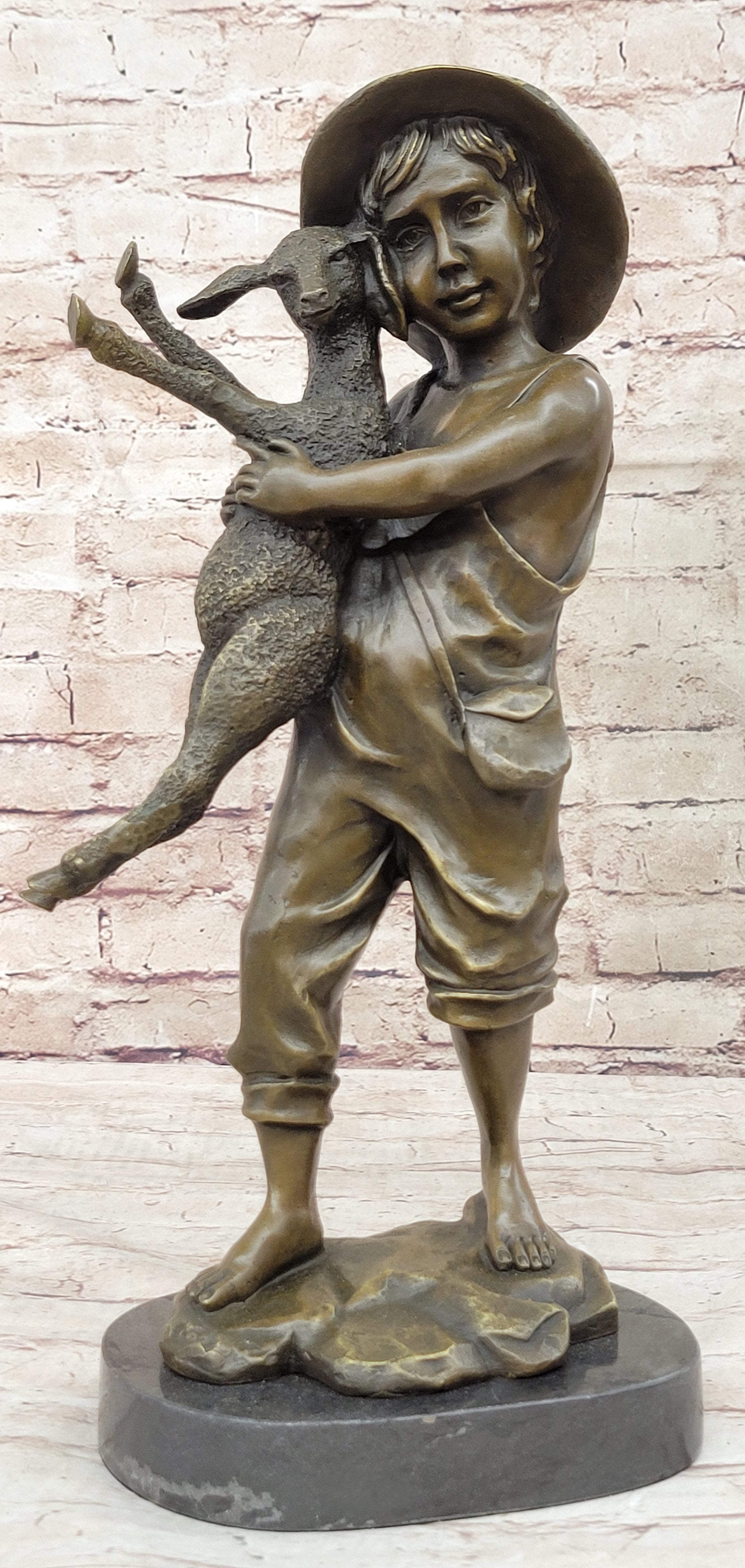 Bronze Metal Sculpture Young Farm Boy & His Sheep on Marble Base
