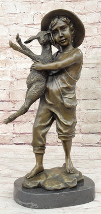 Bronze Metal Sculpture Young Farm Boy & His Sheep on Marble Base
