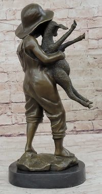Bronze Metal Sculpture Young Farm Boy & His Sheep on Marble Base