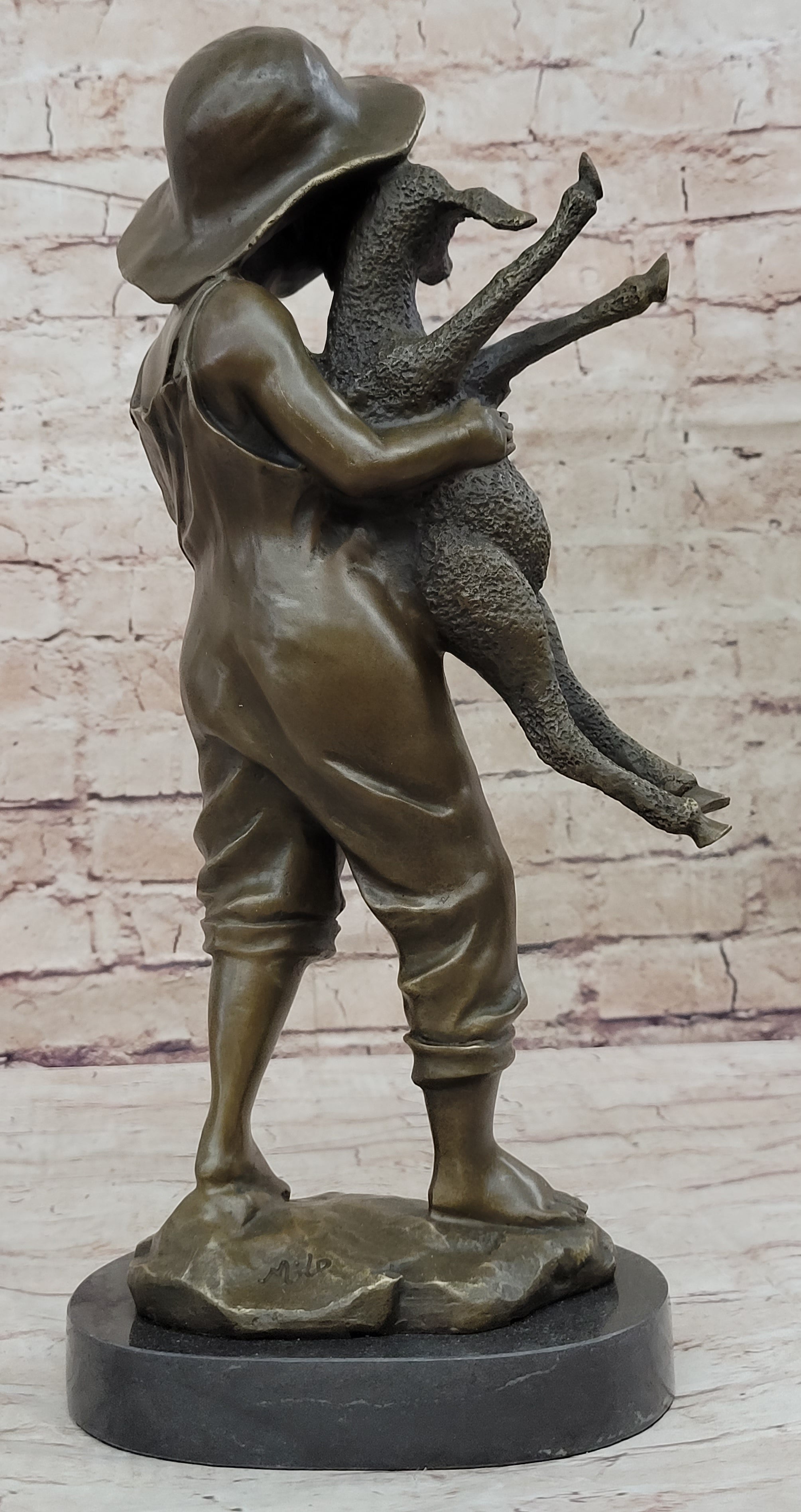 Bronze Metal Sculpture Young Farm Boy & His Sheep on Marble Base