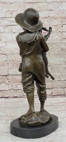 Bronze Metal Sculpture Young Farm Boy & His Sheep on Marble Base