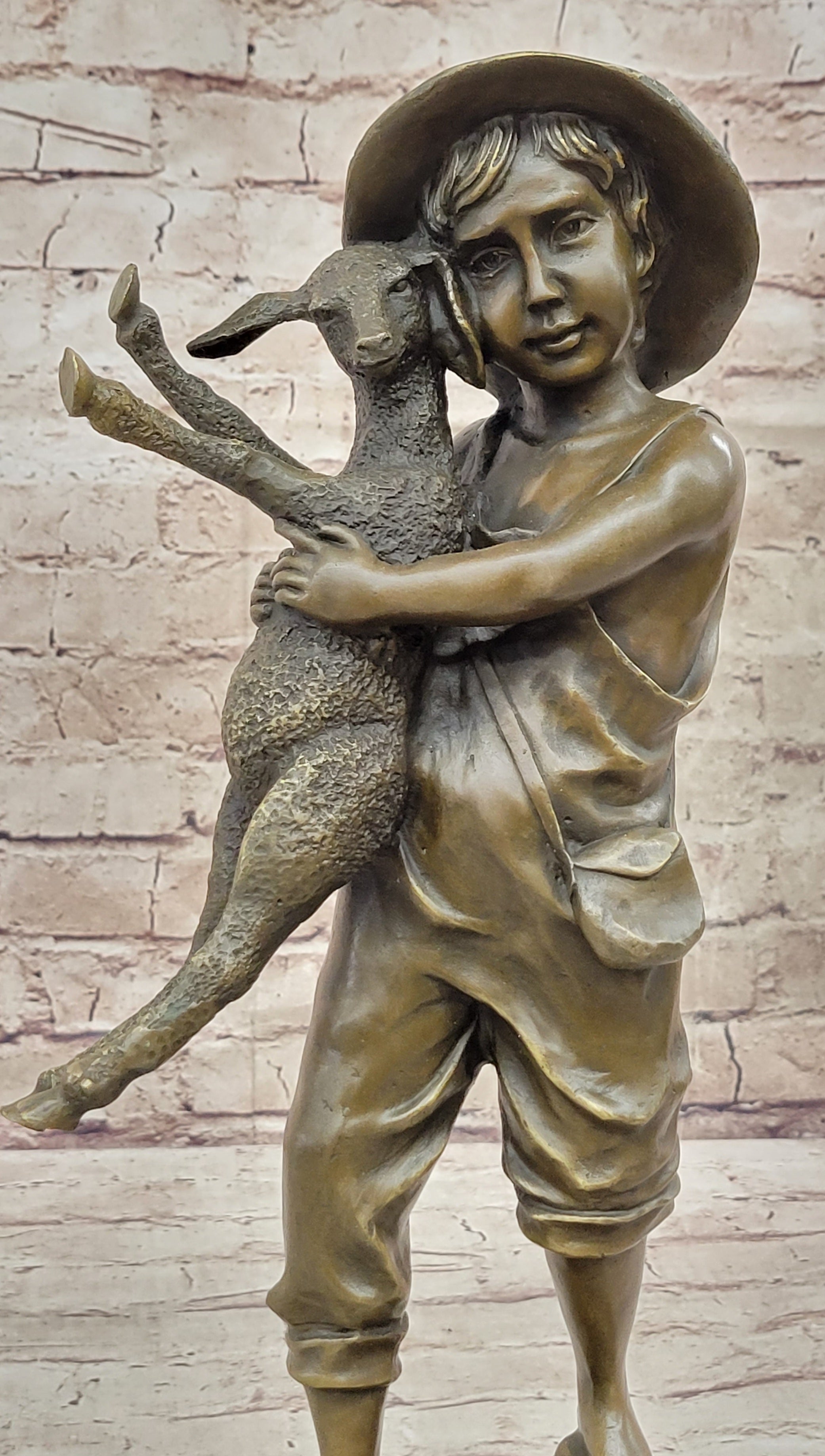 Bronze Metal Sculpture Young Farm Boy & His Sheep on Marble Base