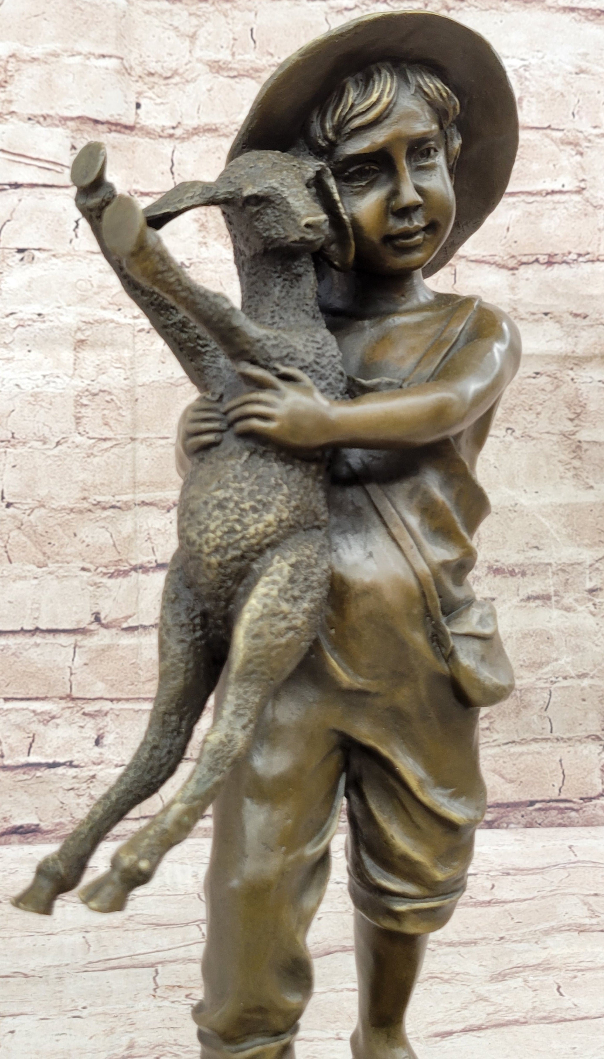 Bronze Metal Sculpture Young Farm Boy & His Sheep on Marble Base