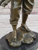 Bronze Metal Sculpture Young Farm Boy & His Sheep on Marble Base