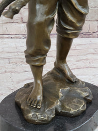 Bronze Metal Sculpture Young Farm Boy & His Sheep on Marble Base
