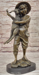 Bronze Metal Sculpture Young Farm Boy & His Sheep on Marble Base