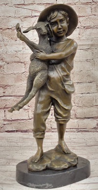 Bronze Metal Sculpture Young Farm Boy & His Sheep on Marble Base
