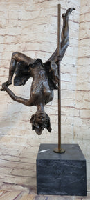 Girl Dancing on a Pole Acrobatic Bronze Sculpture on Marble Base
