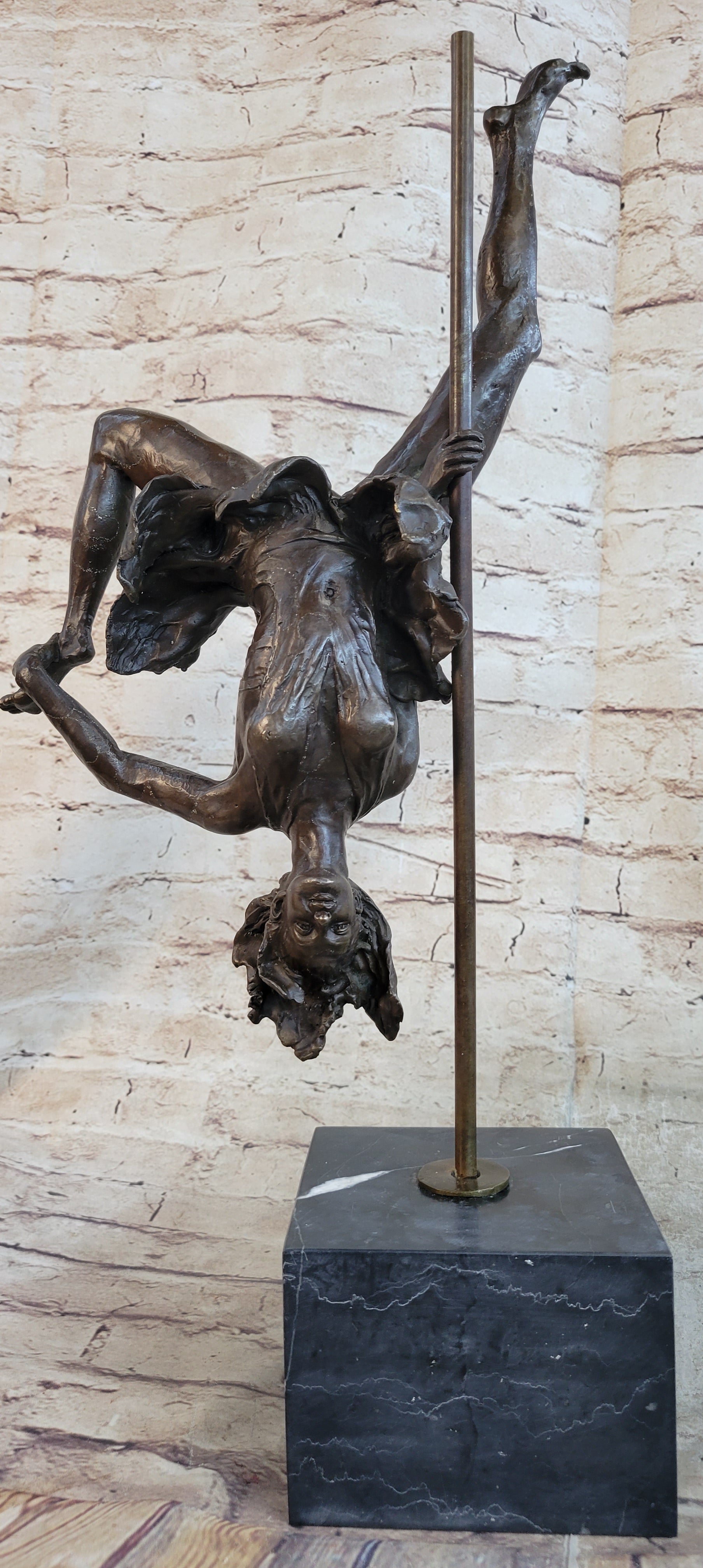 Girl Dancing on a Pole Acrobatic Bronze Sculpture on Marble Base