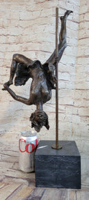 Girl Dancing on a Pole Acrobatic Bronze Sculpture on Marble Base