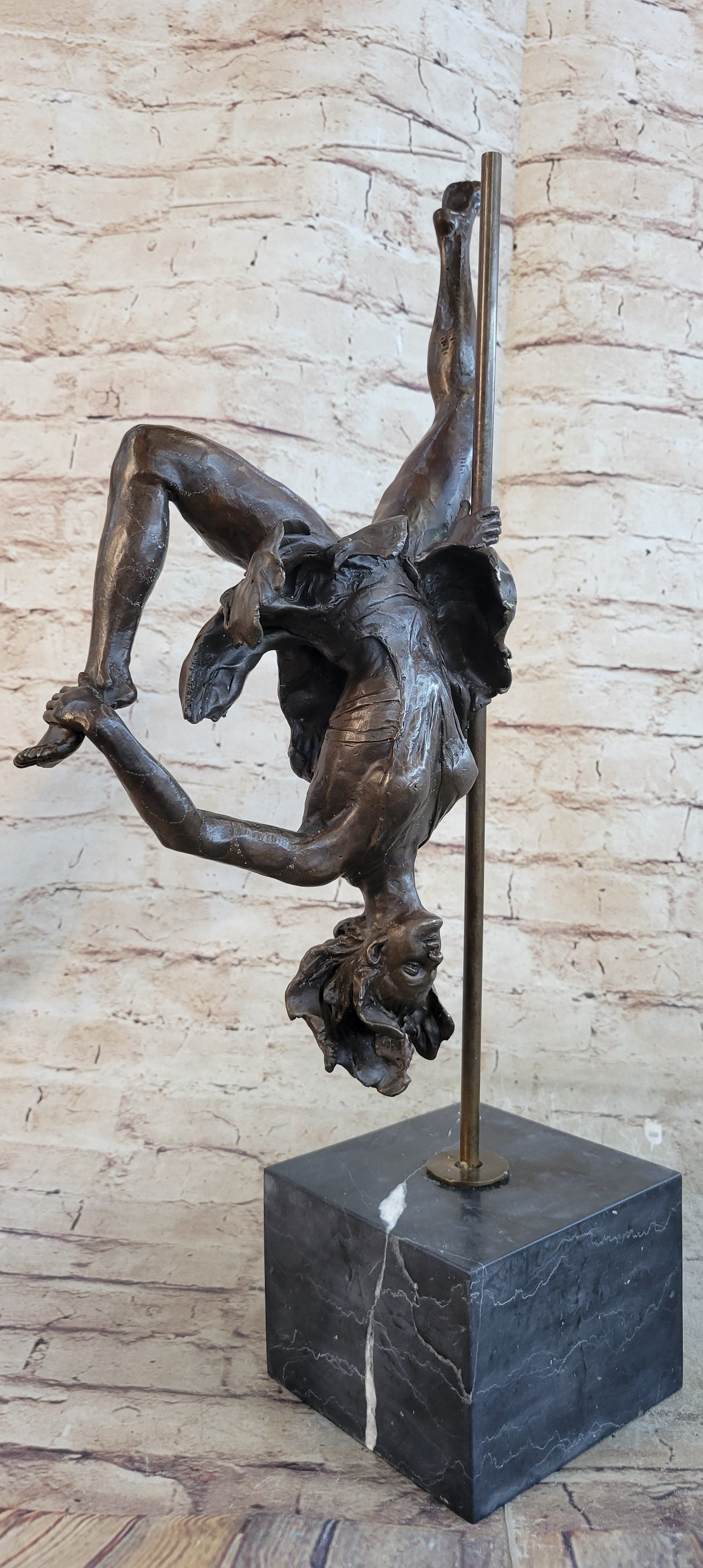 Girl Dancing on a Pole Acrobatic Bronze Sculpture on Marble Base