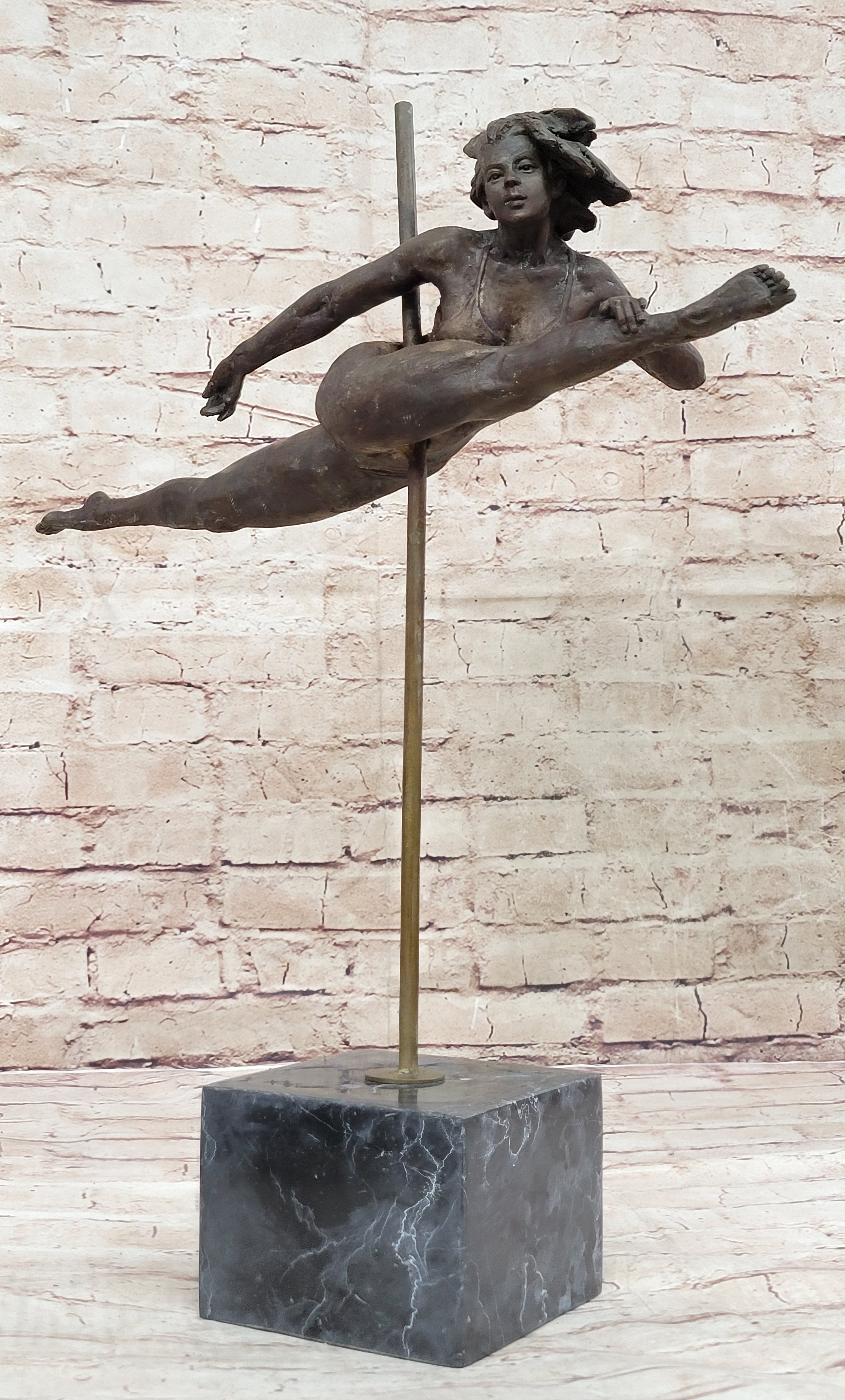 Pole Dancer Doing a Split - Bronze Sculpture on Marble Base