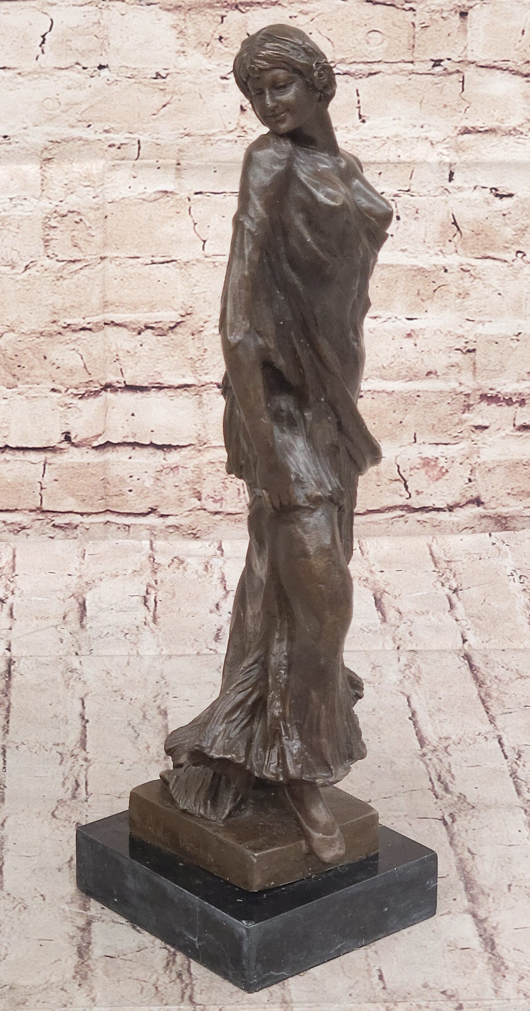 Smiling Coy Female Figure Bronze Sculpture by Aldo Vitaleh
