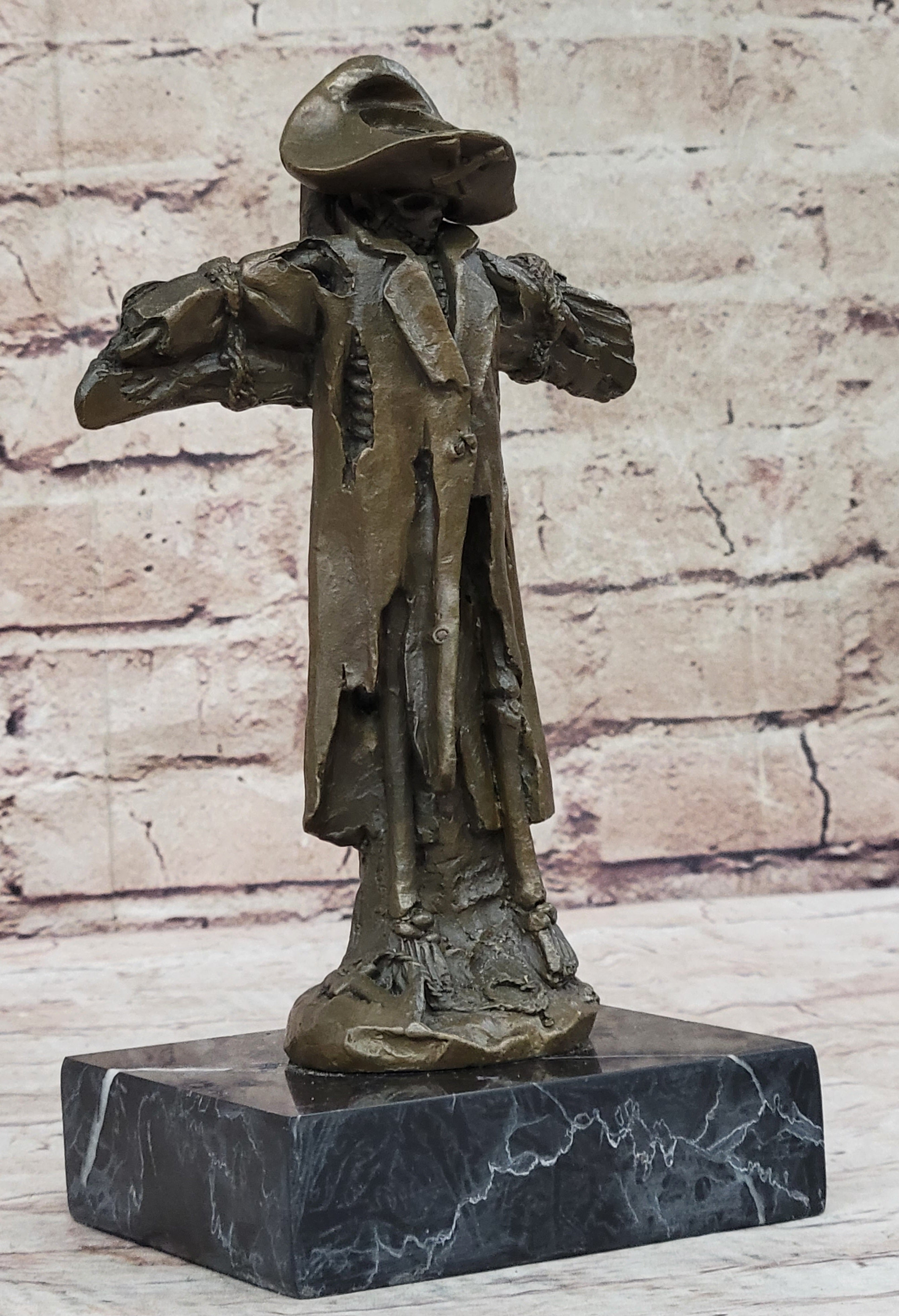 Pirate Skeleton Tied to Post Bronze Metal Sculpture on Marble Base