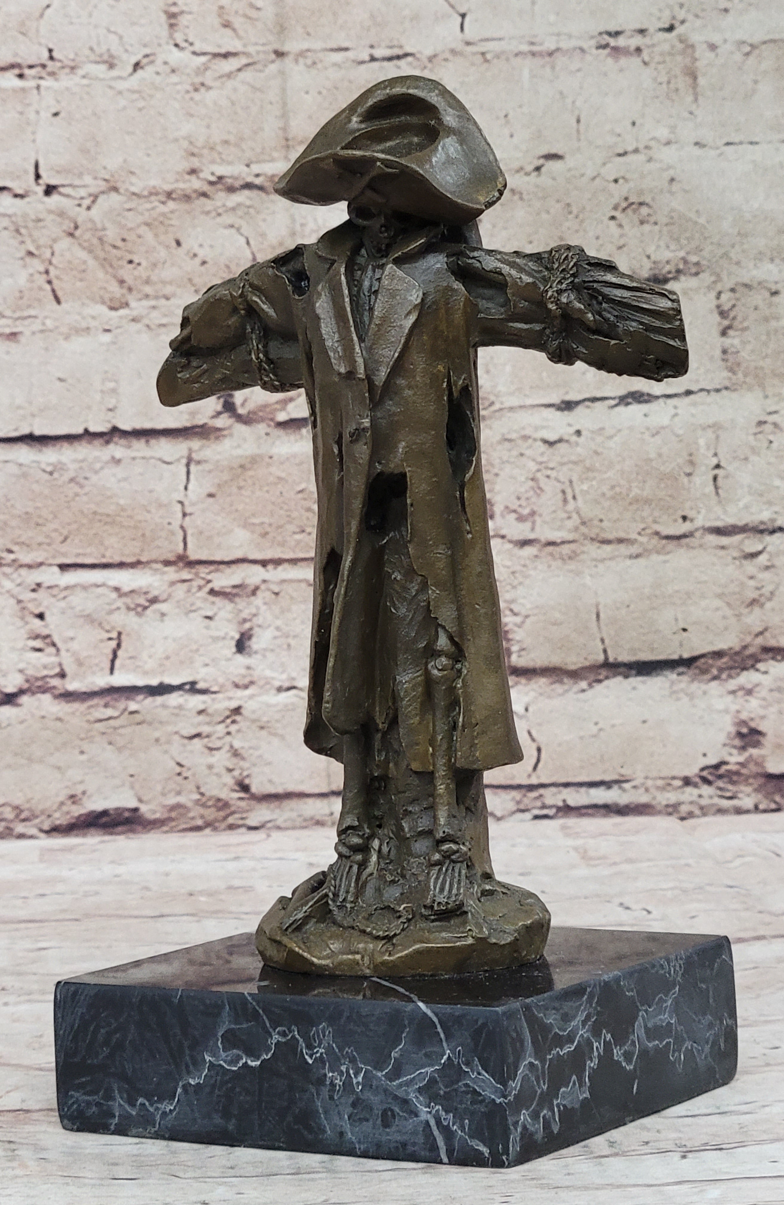 Pirate Skeleton Tied to Post Bronze Metal Sculpture on Marble Base