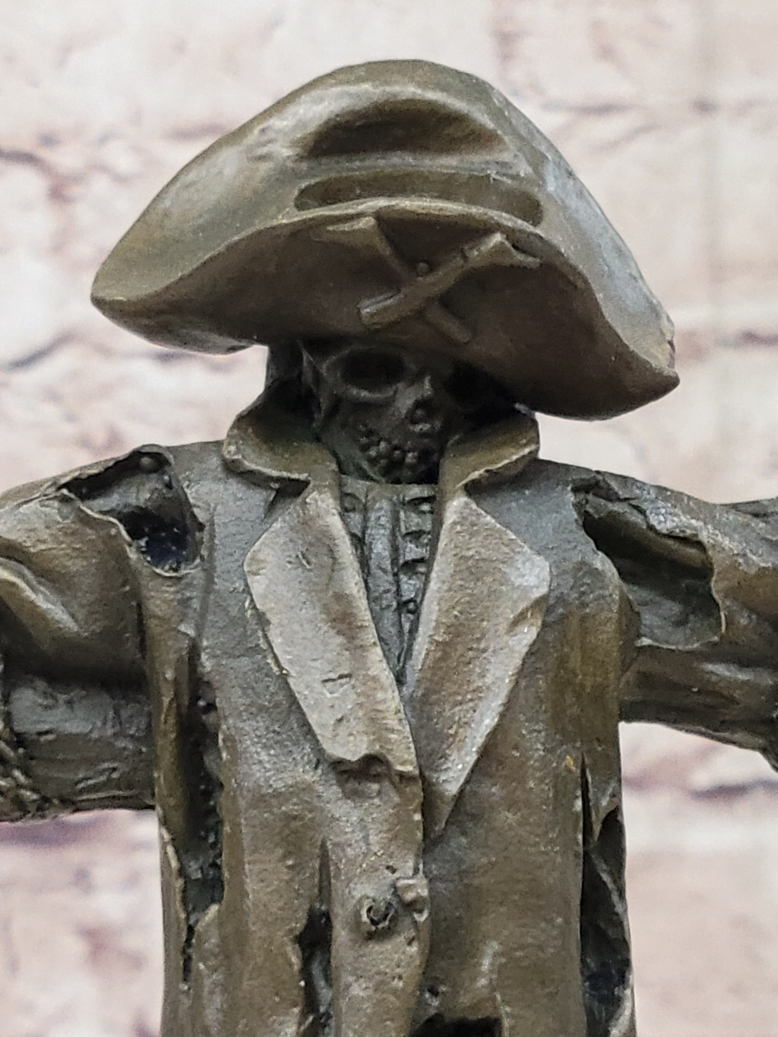Pirate Skeleton Tied to Post Bronze Metal Sculpture on Marble Base