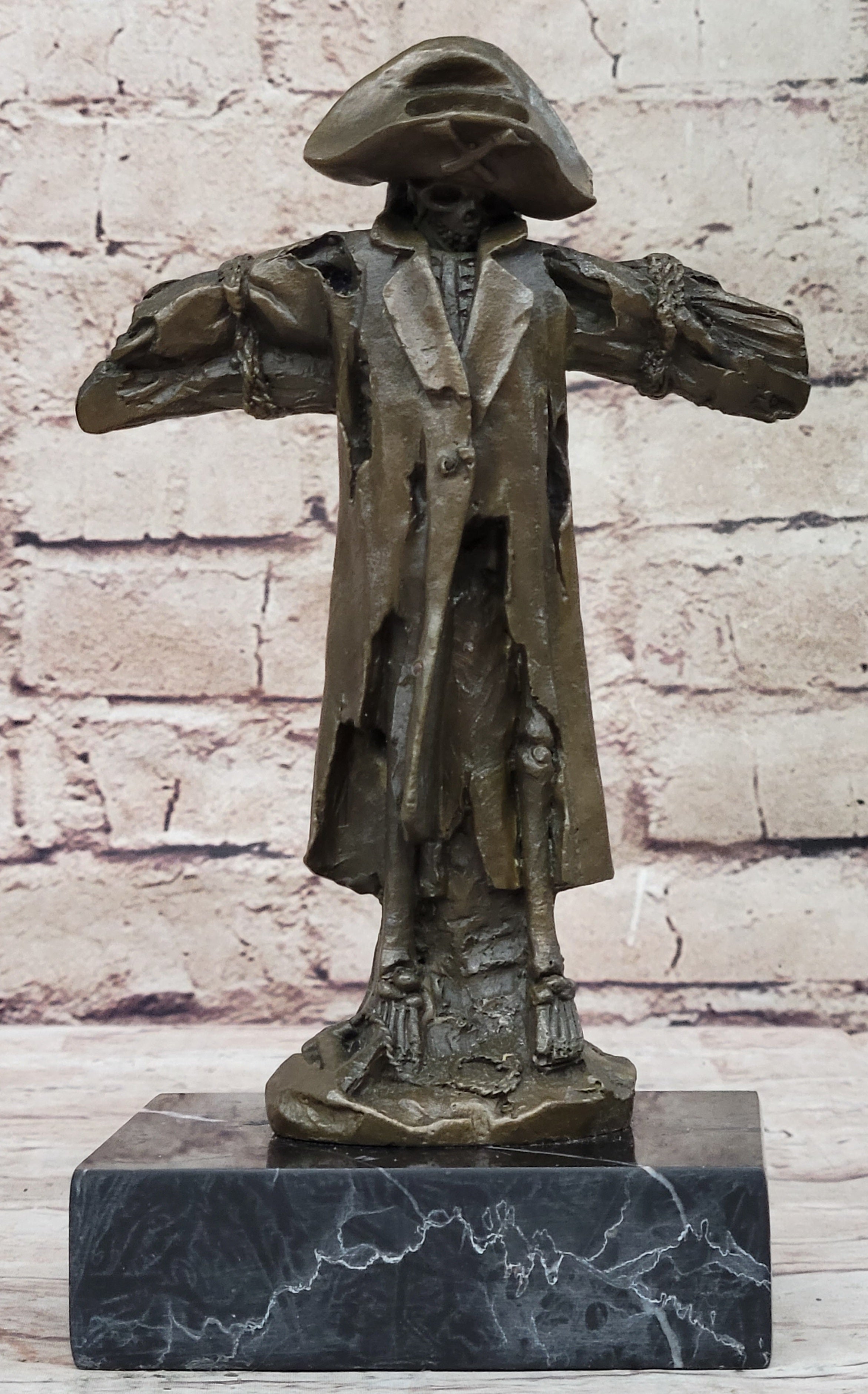 Pirate Skeleton Tied to Post Bronze Metal Sculpture on Marble Base