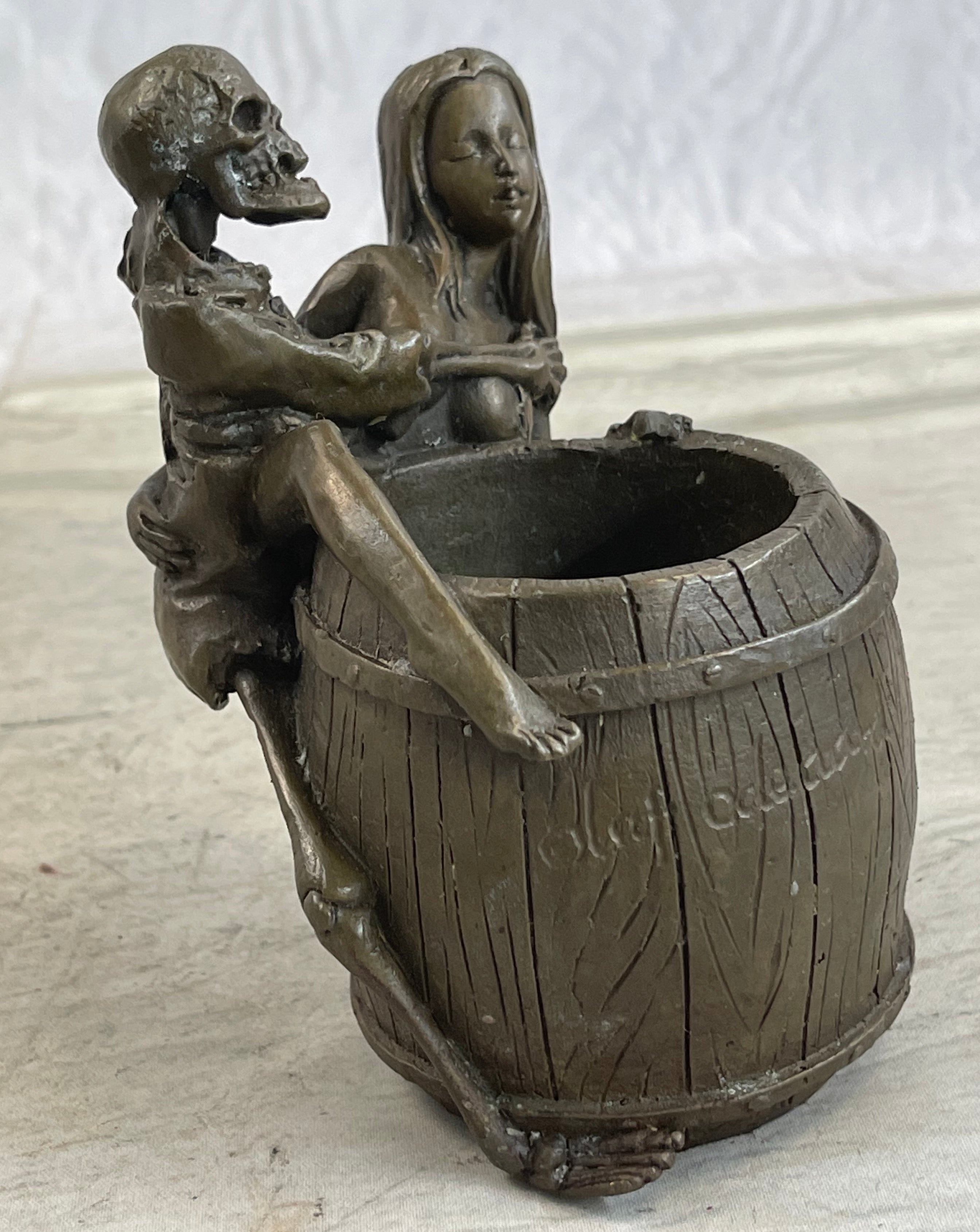 Skeleton Embracing Nude Nymph Pen Holder Key Storage Bronze Sculpture Statue Art