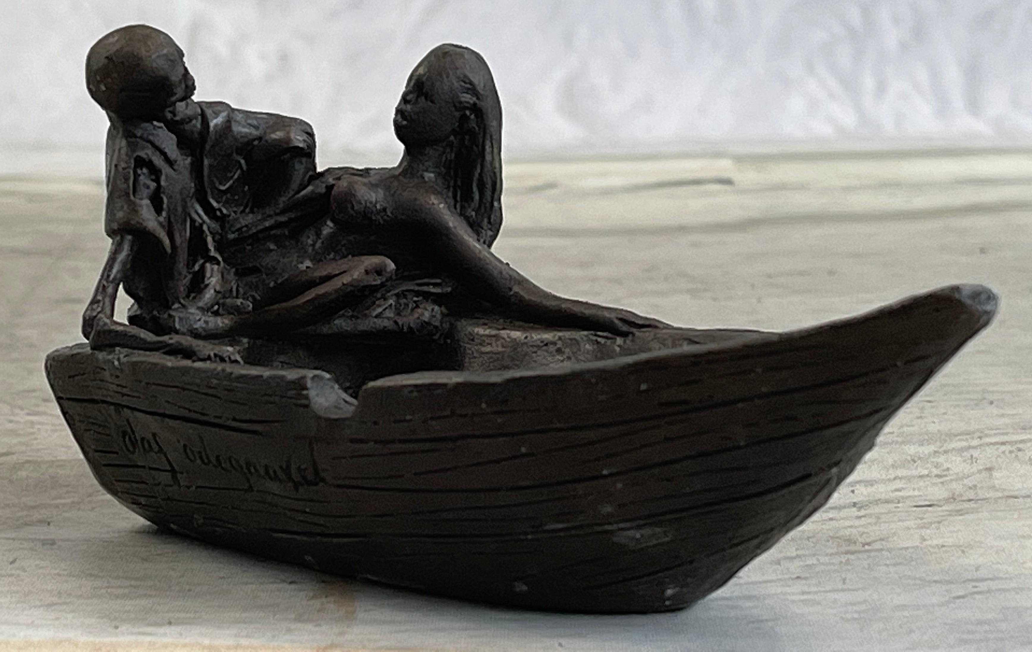Nude Female Figure & Skeleton Bronze Ashtray Sculpture Art