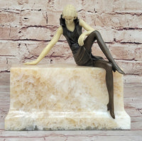 Art Deco Flapper Girl Bronze Sculpture Marble Base