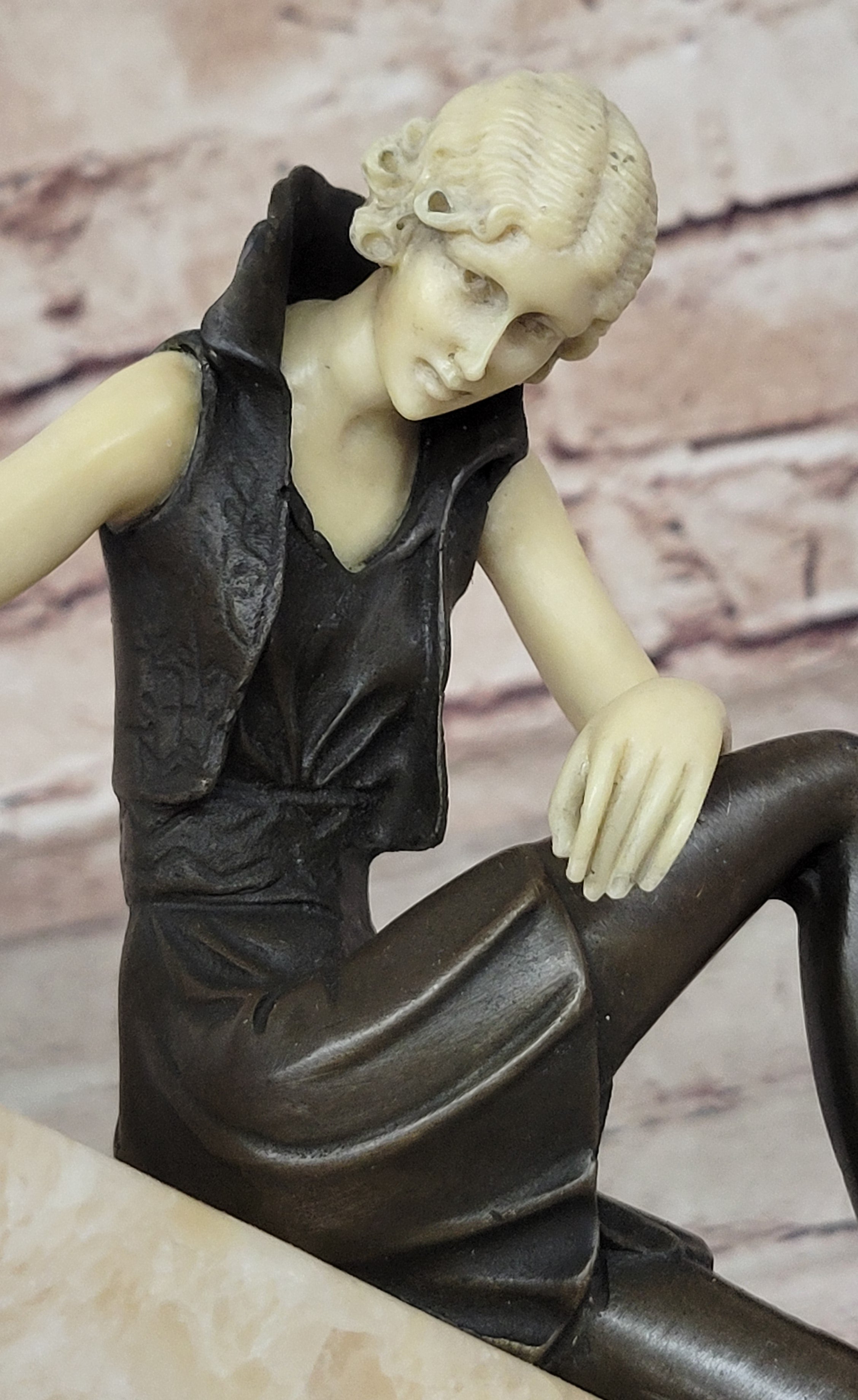 Art Deco Flapper Girl Bronze Sculpture Marble Base