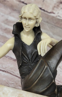 Art Deco Flapper Girl Bronze Sculpture Marble Base