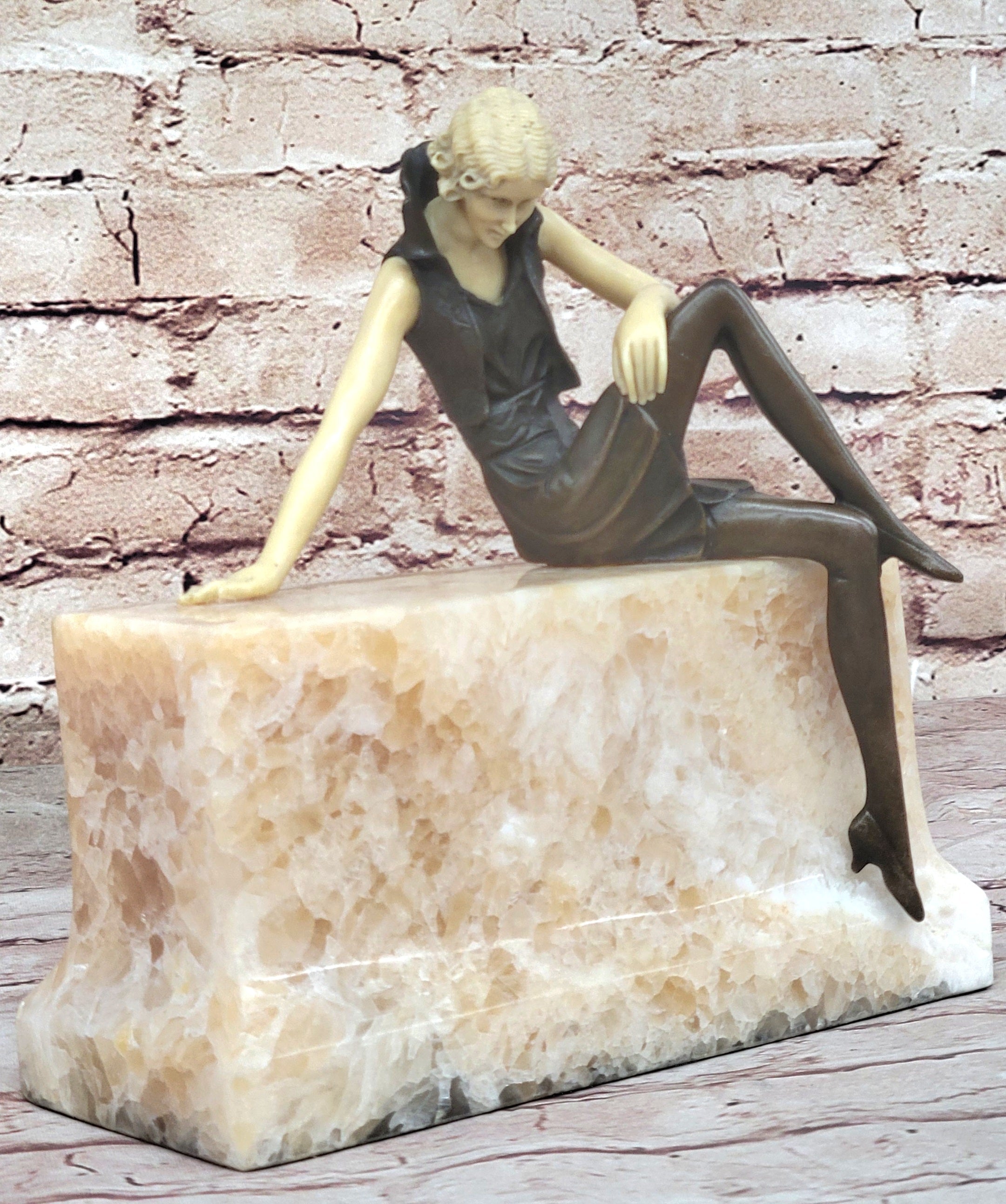 Art Deco Flapper Girl Bronze Sculpture Marble Base