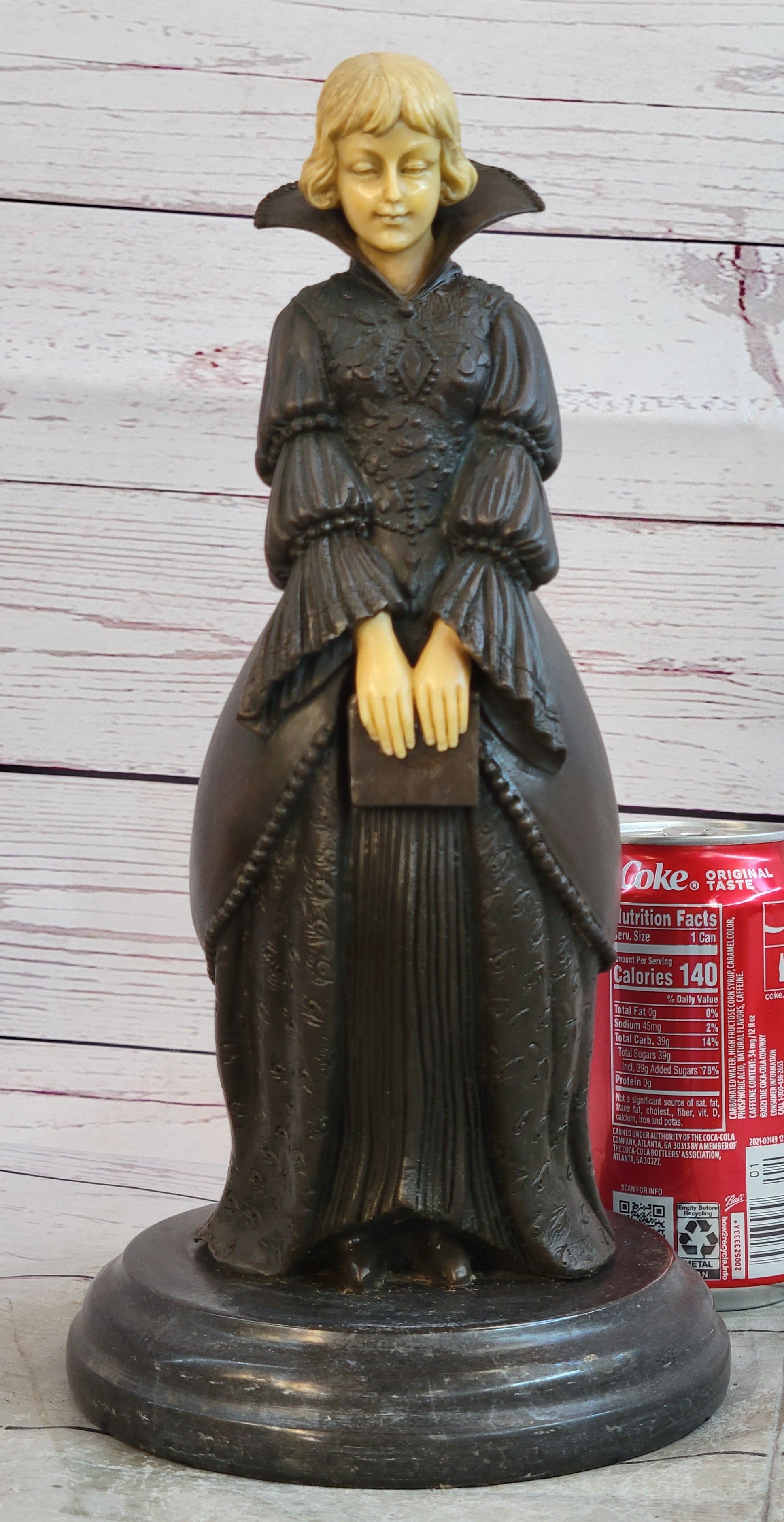 Victorian Woman Holding Book Bronze Sculpture on Marble Base