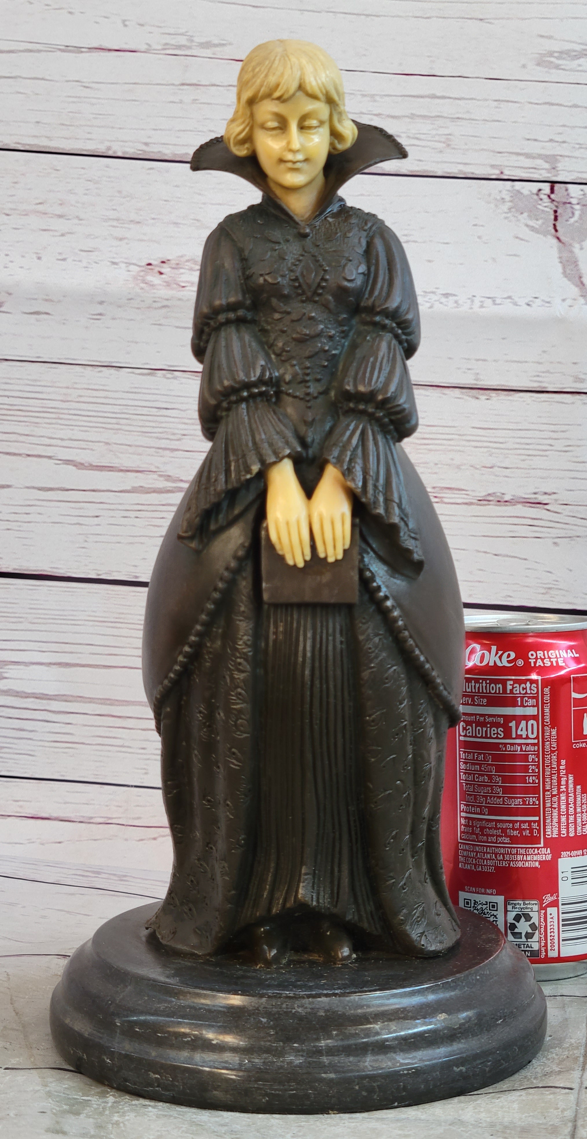 Victorian Woman Holding Book Bronze Sculpture on Marble Base