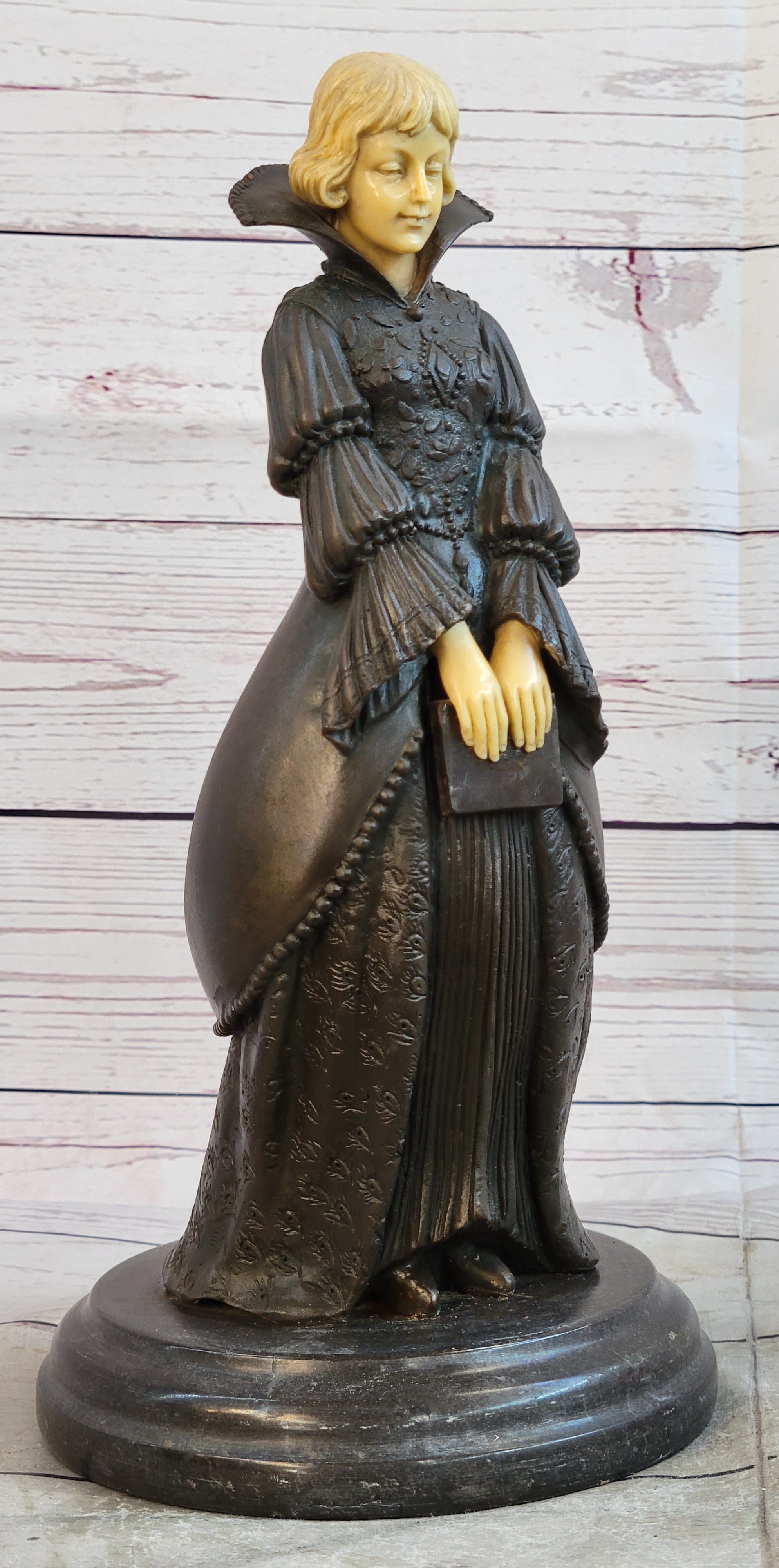 Victorian Woman Holding Book Bronze Sculpture on Marble Base