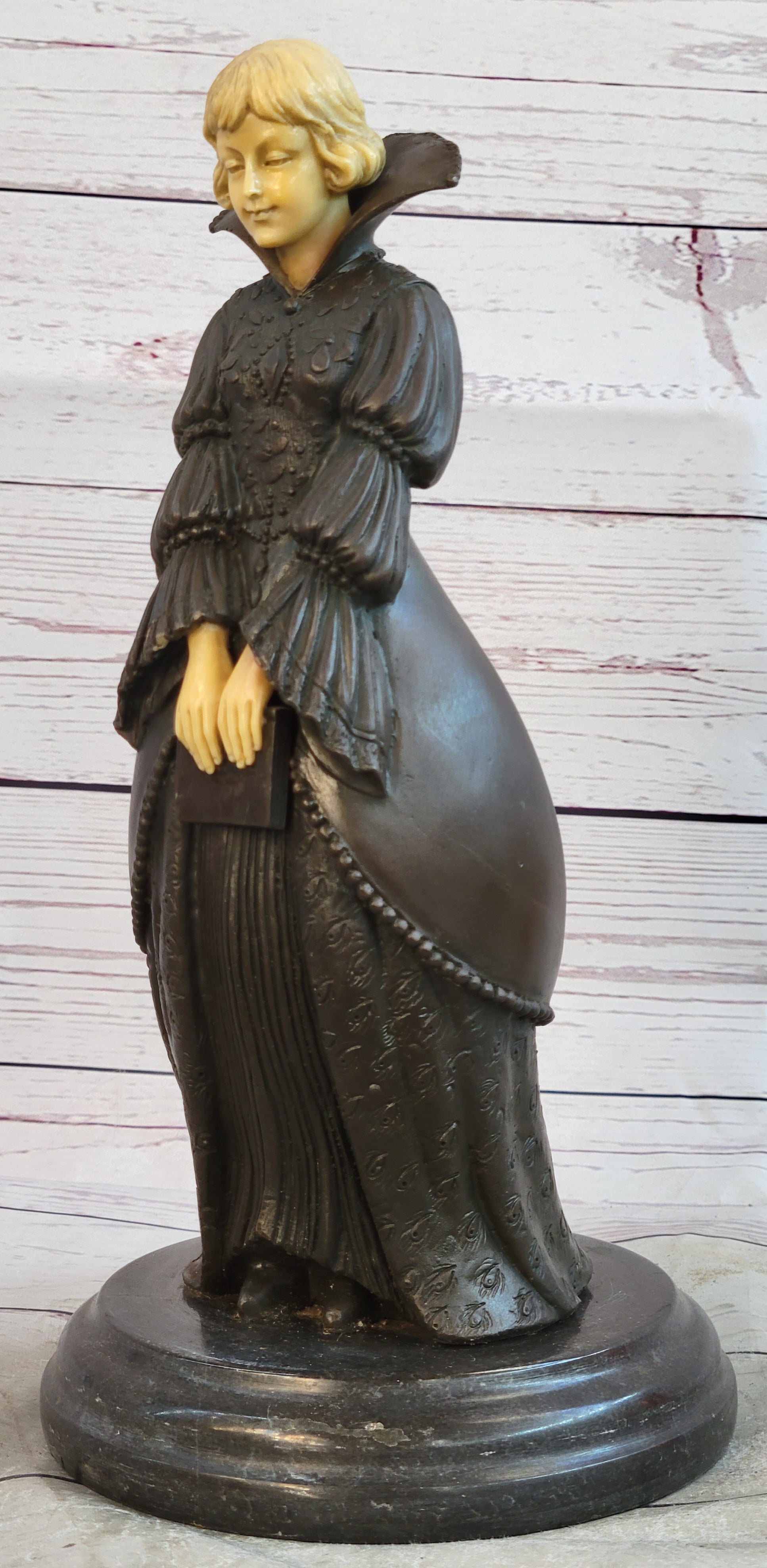 Victorian Woman Holding Book Bronze Sculpture on Marble Base