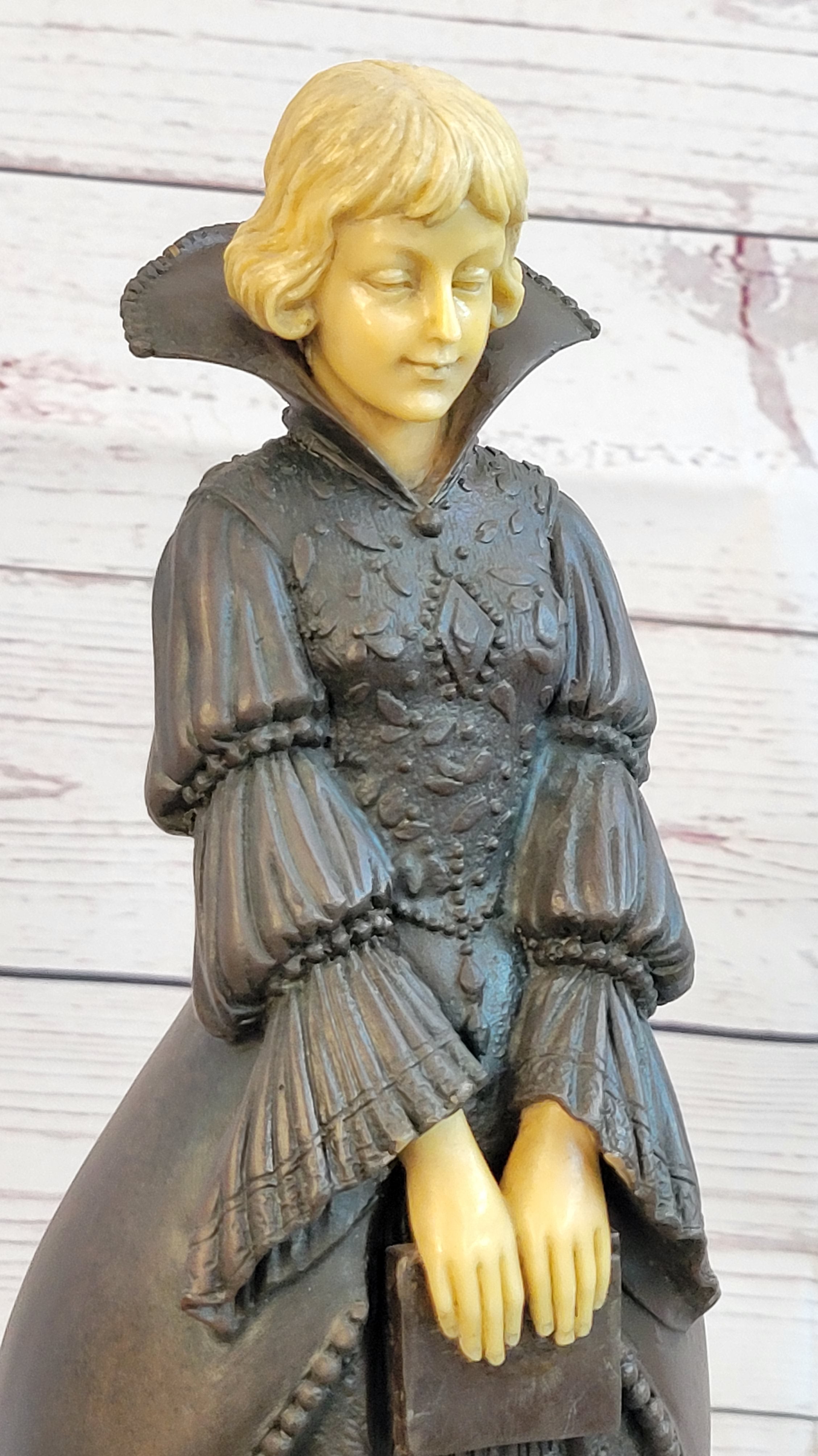 Victorian Woman Holding Book Bronze Sculpture on Marble Base