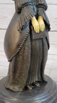 Victorian Woman Holding Book Bronze Sculpture on Marble Base