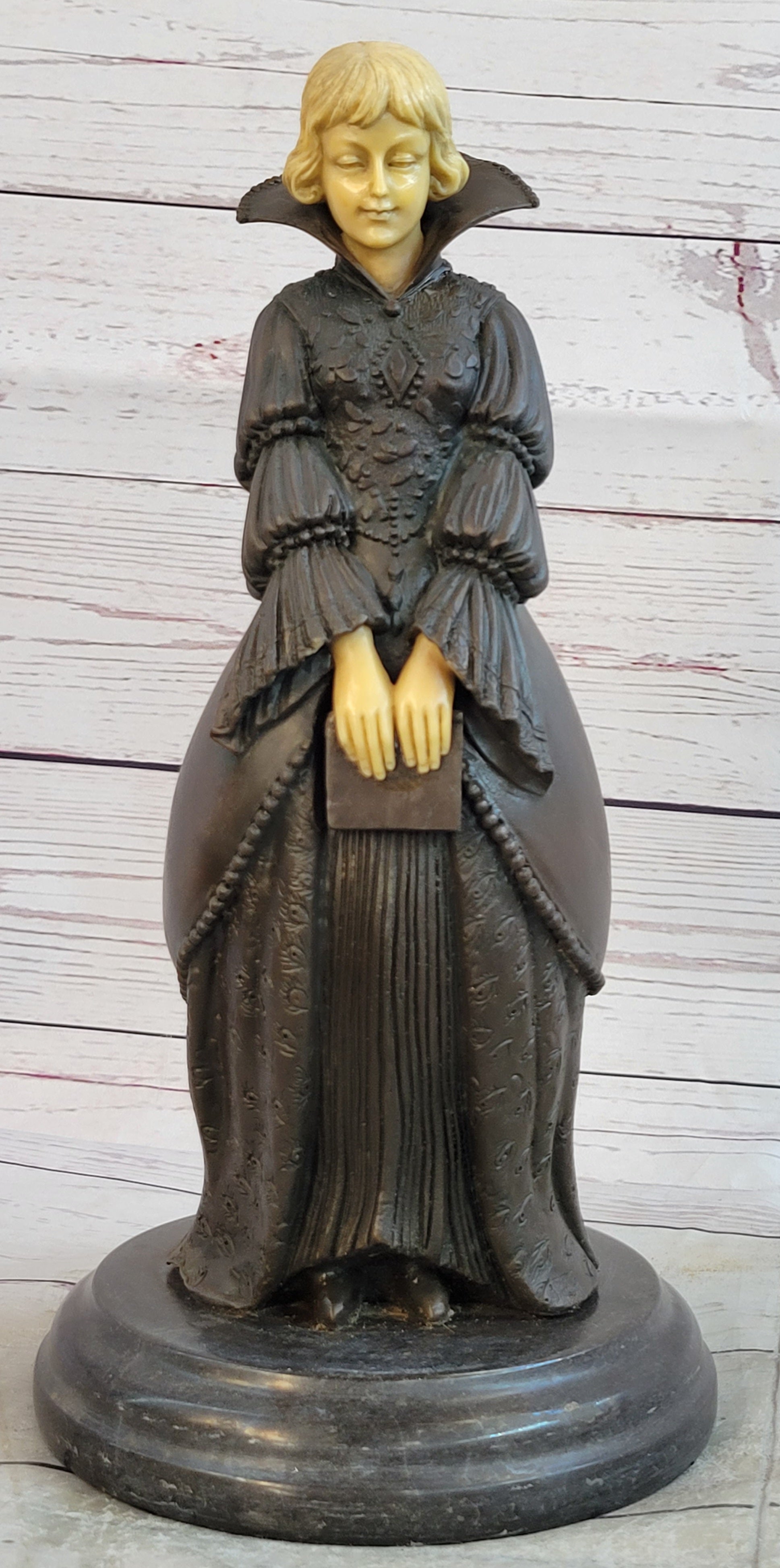 Victorian Woman Holding Book Bronze Sculpture on Marble Base