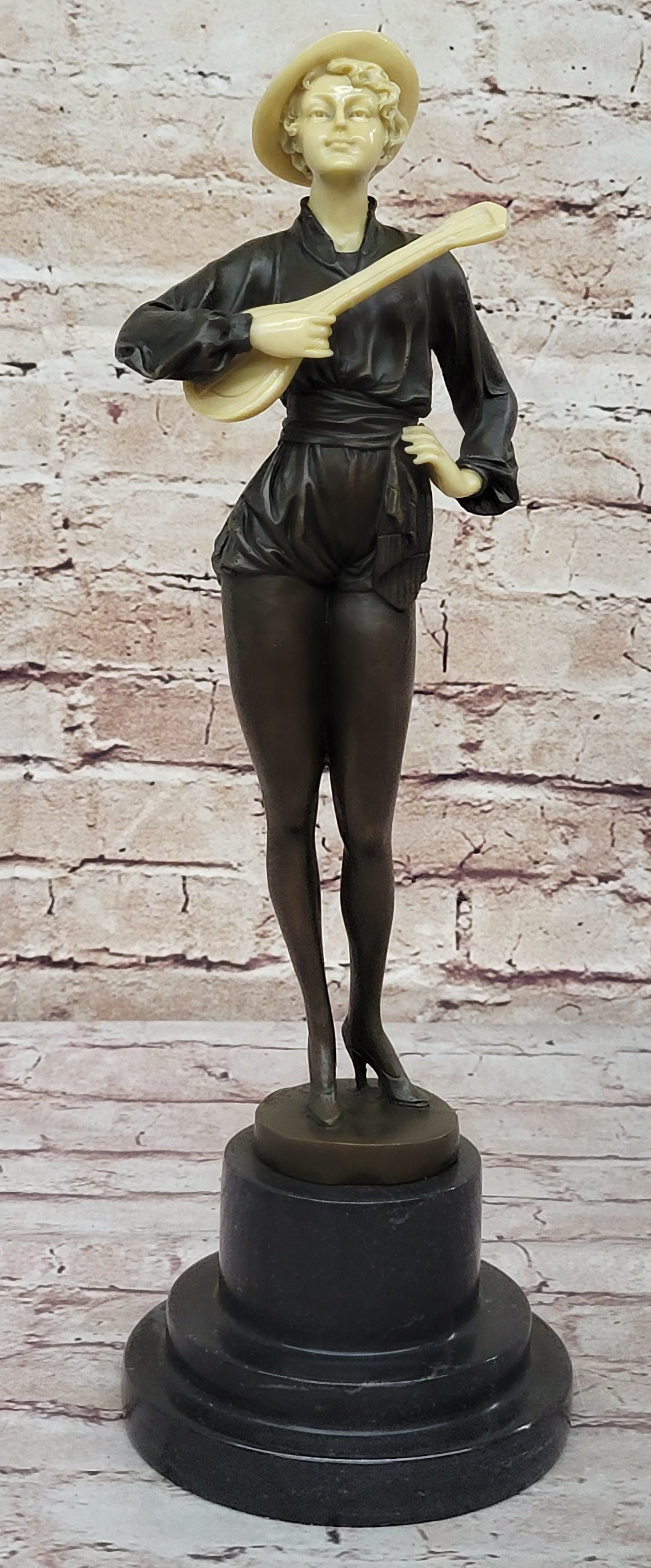 Hot Cast Bronze Mandolin Guitar Player Sculpture w/ Resin Highlights