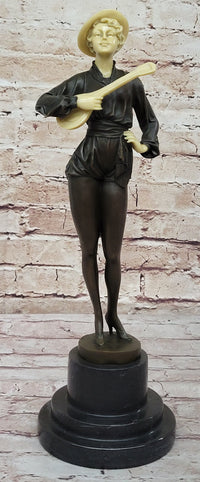 Hot Cast Bronze Mandolin Guitar Player Sculpture w/ Resin Highlights
