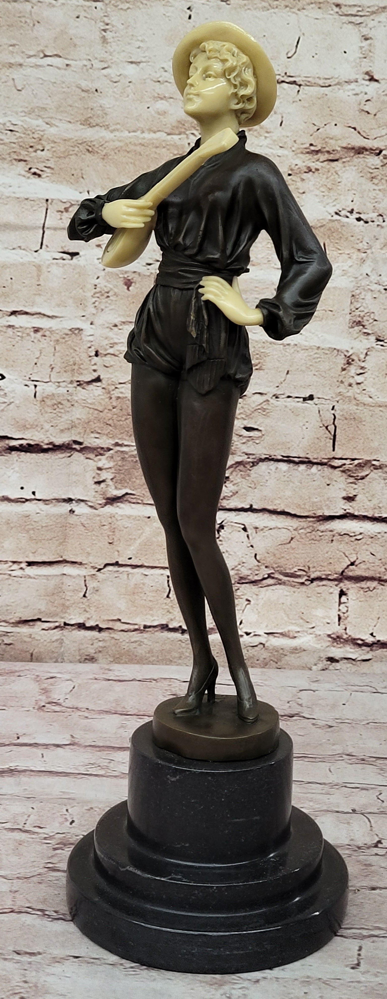 Hot Cast Bronze Mandolin Guitar Player Sculpture w/ Resin Highlights