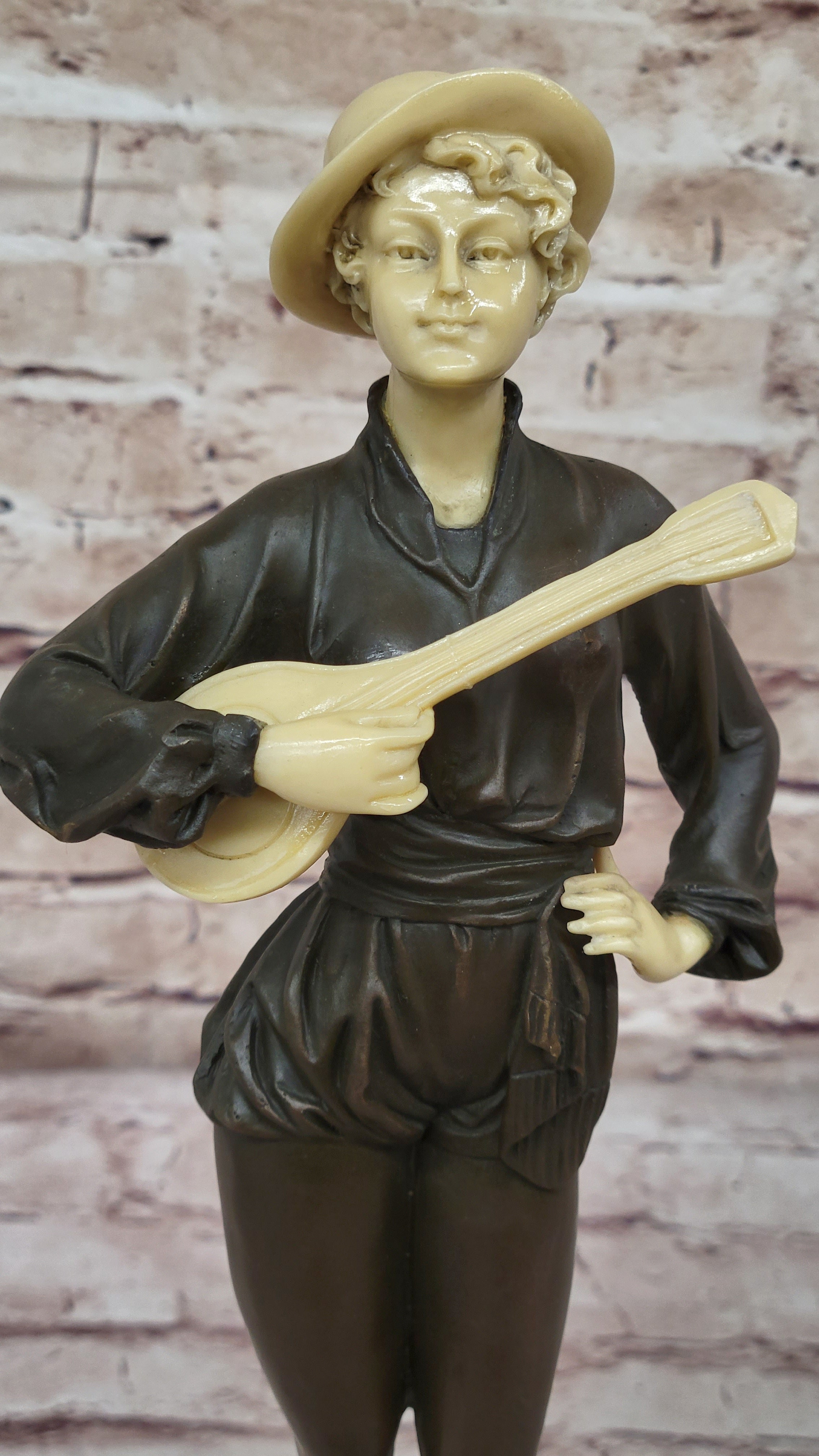 Hot Cast Bronze Mandolin Guitar Player Sculpture w/ Resin Highlights